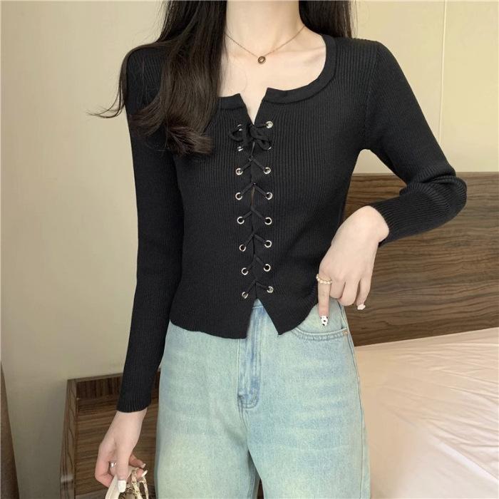 Podzimní a zimní nový čtvercový límec se zavazováním, smysl pro design, výklenek, mašle, tenký top svetru s dlouhým rukávem, dámské oblečení