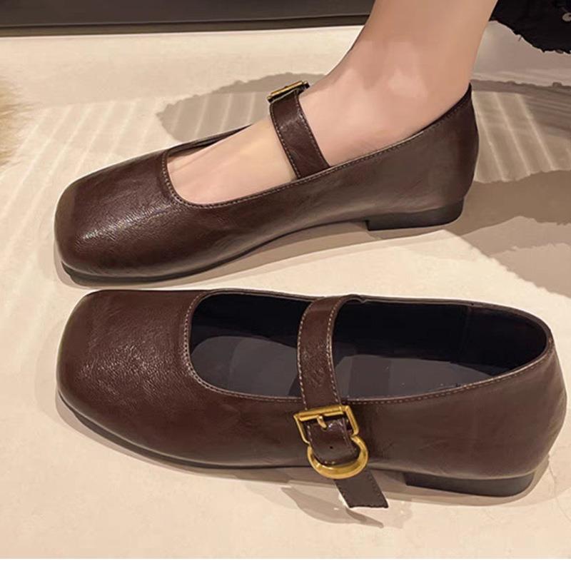 Square Head Mary Jane Shoes Women's Spring New Retro Square Head One-word Buckle Single Shoes Small Leather Shoes