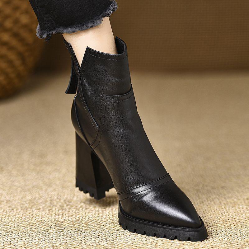 Retro Black Brown Women's Chunky Heel Ankle Boots Anti-slip Pointed Toe Platform Short Plush Booties Office Ladies Fashion Boots