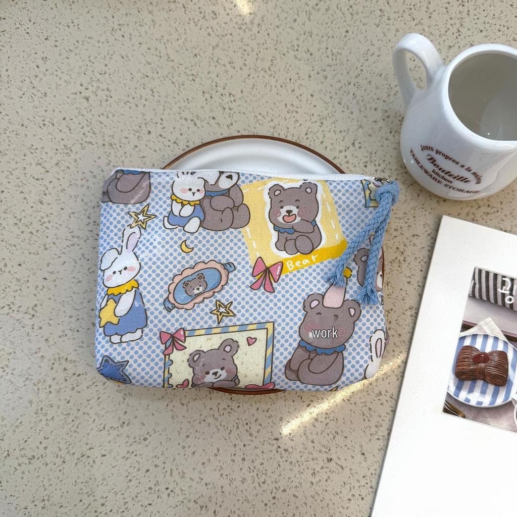 Adorable Blue Cartoon Makeup Bag: Mini Pure Cotton Coin and Earphone Pouch, Lipstick Carrier, Portable Storage.