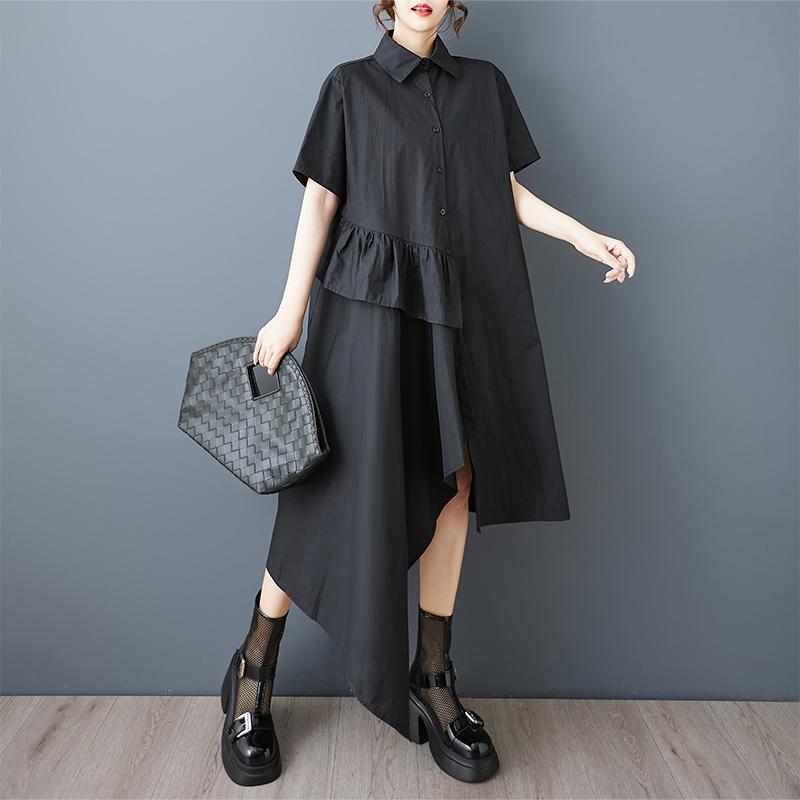 Černé bavlněné vintage šaty s krátkým rukávem ve velkých velikostech pro ženy, ležérní volné dlouhé letní košilové šaty