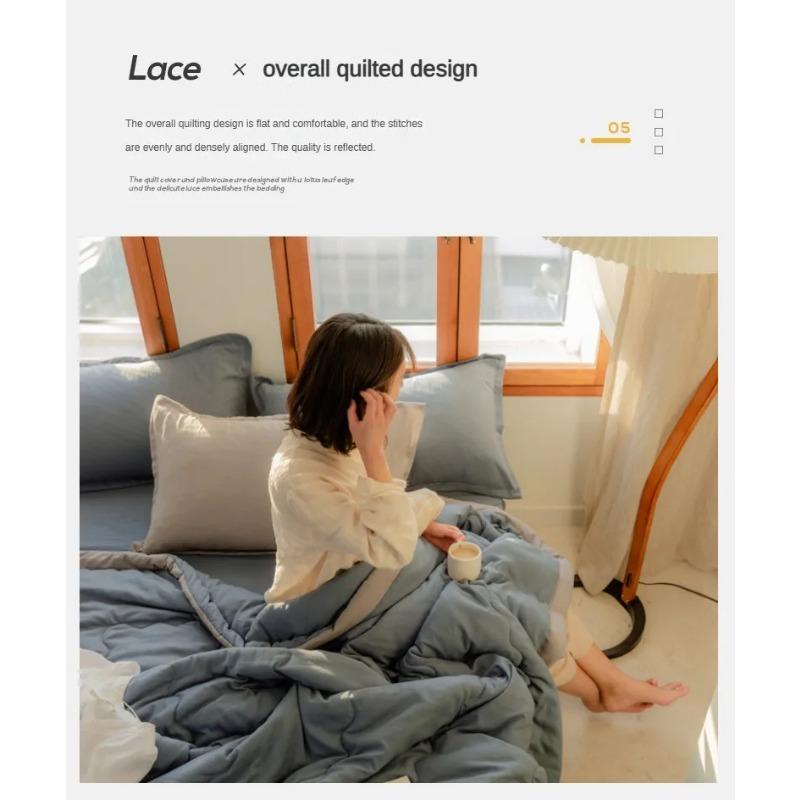 Japanese Polyester Cotton Quilted Summer Quilt Skin-friendly Washable Light Luxury Style Solid Color Lightweight Comforter