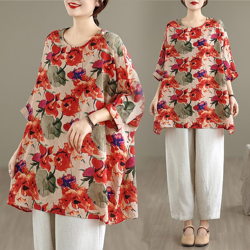 DIMANAF 2025 Plus Size Autumn New T-Shirt Women Flower Print Loose Casual O-Neck Lady Tops Tees Shirts Oversize