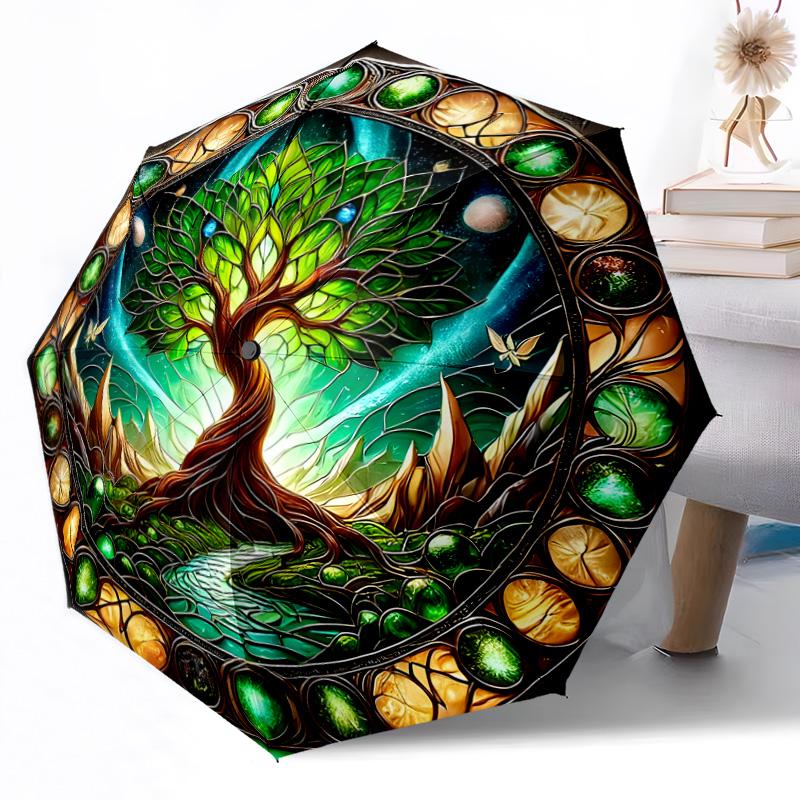Goldener Baum des Lebens Automatischer Outdoor-Regenschirm Einziebares Design mit 8 Rippen Langlebig Leicht Perfektes Geschenk für Freunde Familie