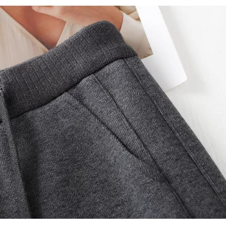 Pantaloni largi de cașmir gri pentru femei, căptușiți cu fleece, amestec de lână, lungi până la podea, toamnă și iarnă 2024.