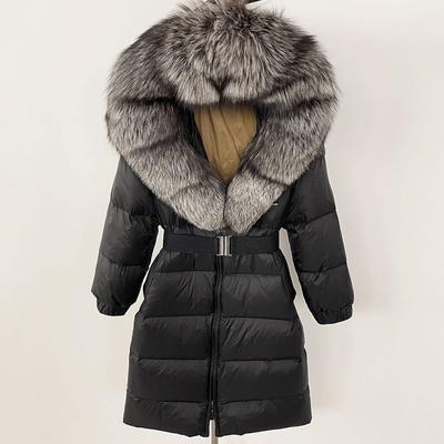 Spot New Winter Popular Women's Long Waist Hooded Real Fox Fur Collar Fur Down Jacket