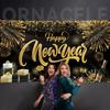 Happy New Year Backdrop Banner, Large Size 78 x 43 Inch Banner Black Gold Background Banners for New Year Party Decorations Celebration