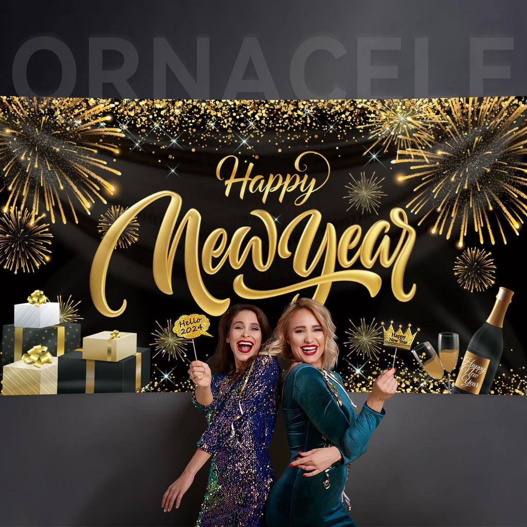 Happy New Year Backdrop Banner, Large Size 78 x 43 Inch Banner Black Gold Background Banners for New Year Party Decorations Celebration
