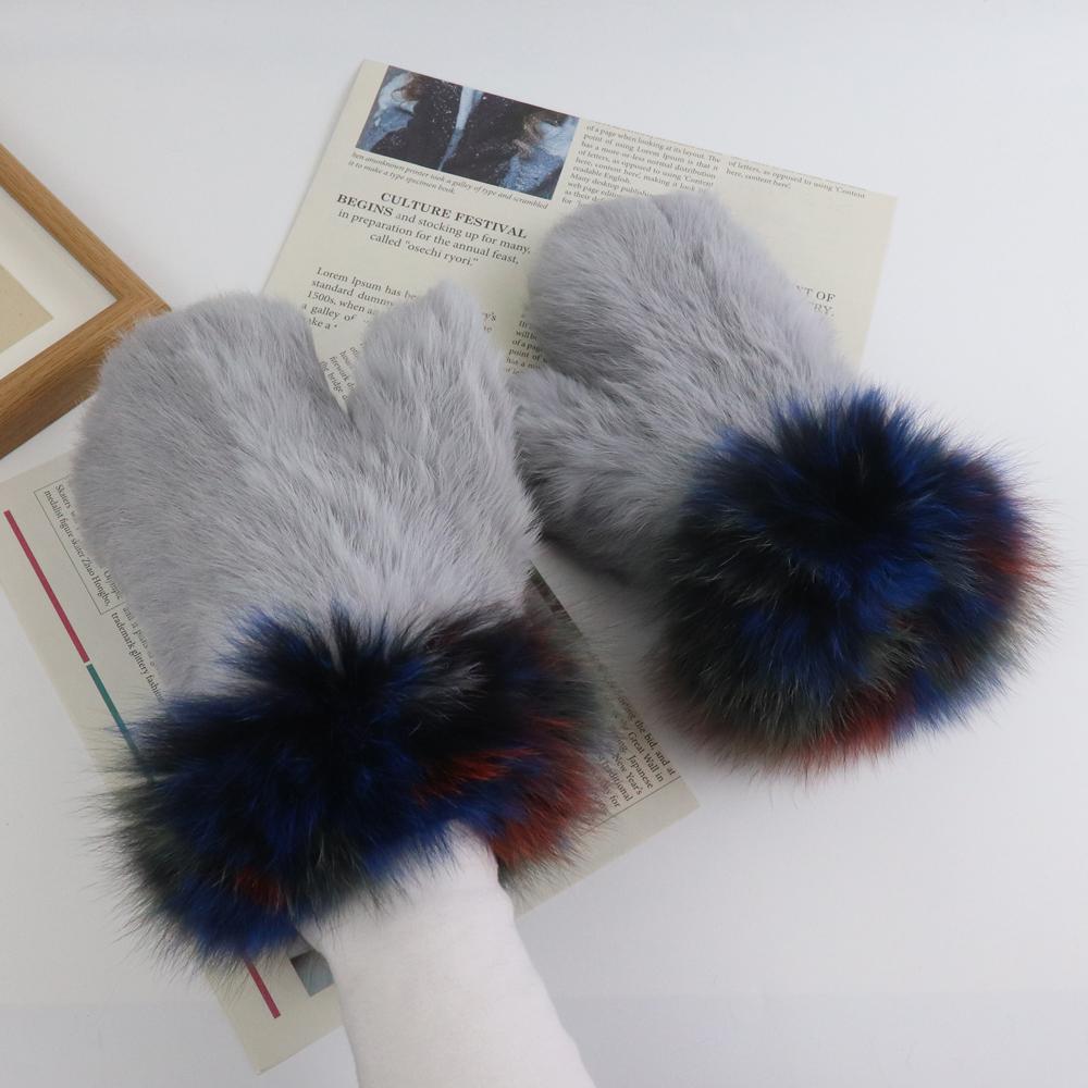 Winter women thick style real rabbit fur gloves with fox fur Outdoor keep warm real rabbit fur mittens Girls fashion glove
