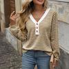 Women T-shirt V-neck Long Sleeve Buttons Half Closure Pullover Tops Color Block Splicing Design Casual Tops Daily Wear