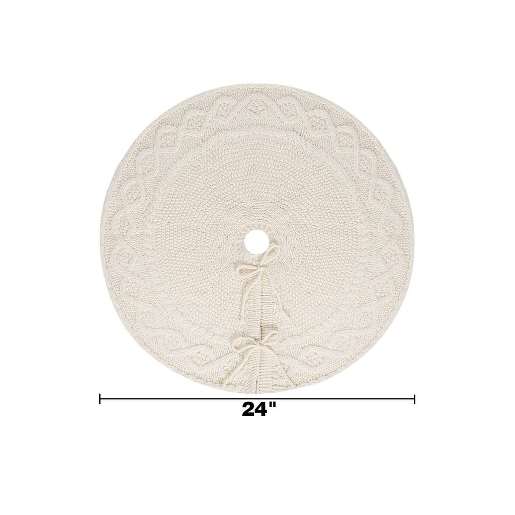 White Knitted Christmas Tree Skirt with Tie-Up Apron