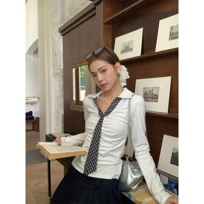 New Women's College Style Long Sleeve Color Block Lapel Top
