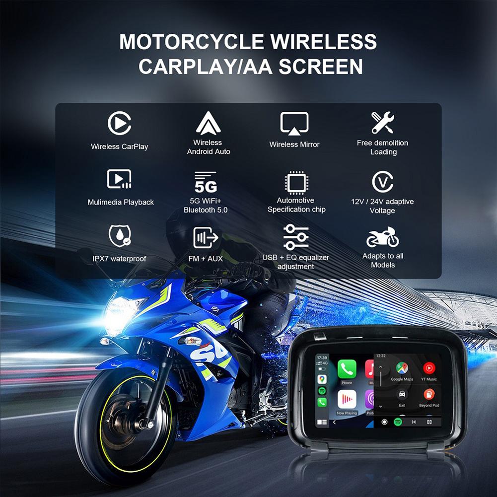 GPS Navigator for Motorcycle Wireless Carplay IPX7 Waterproof 5 Inch Touch Screen Motorcycle Wireless Android Auto Monitor