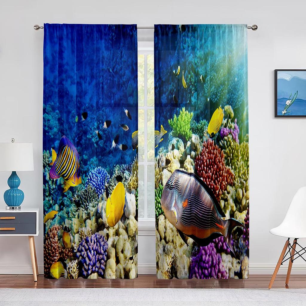 Zasłona woalowa z motywem oceanu, przezroczysta, z motywem podwodnych ryb tropikalnych, koralowców, zwierząt morskich, tiulowa zasłona okienna do sypialni, salonu