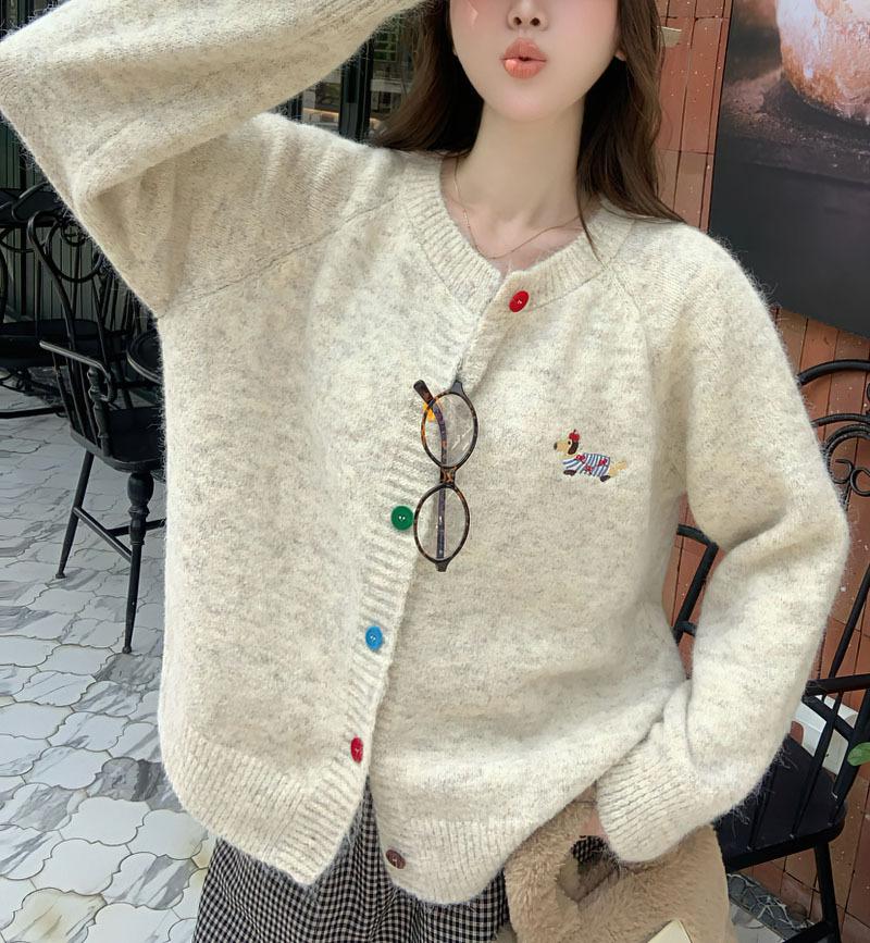 Sweet Round Neck Color Button Dog Pattern Long Sleeve Sweater Cardigan Women Spring Autumn Winter Korean Versatile Top