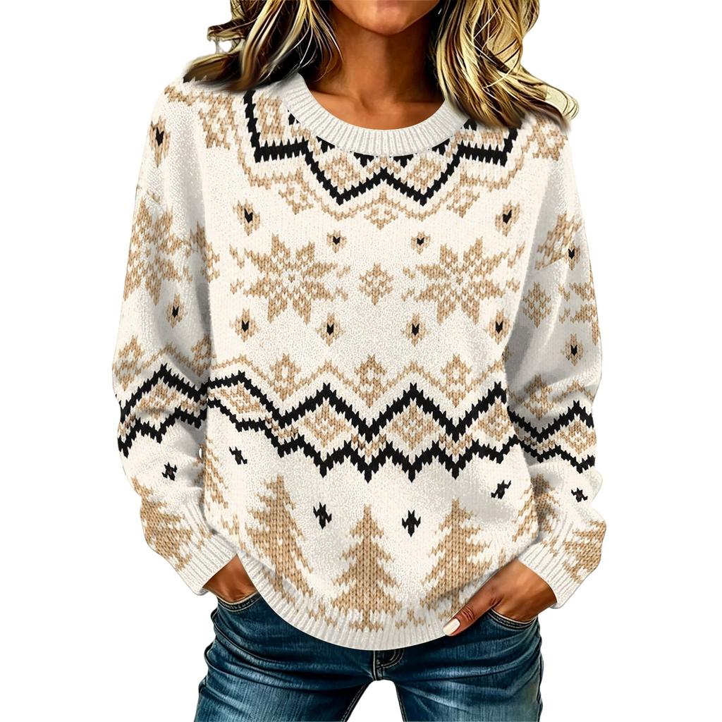 Women's Casual Long Sleeve Round Neck Knit Sweater with Geometric Print