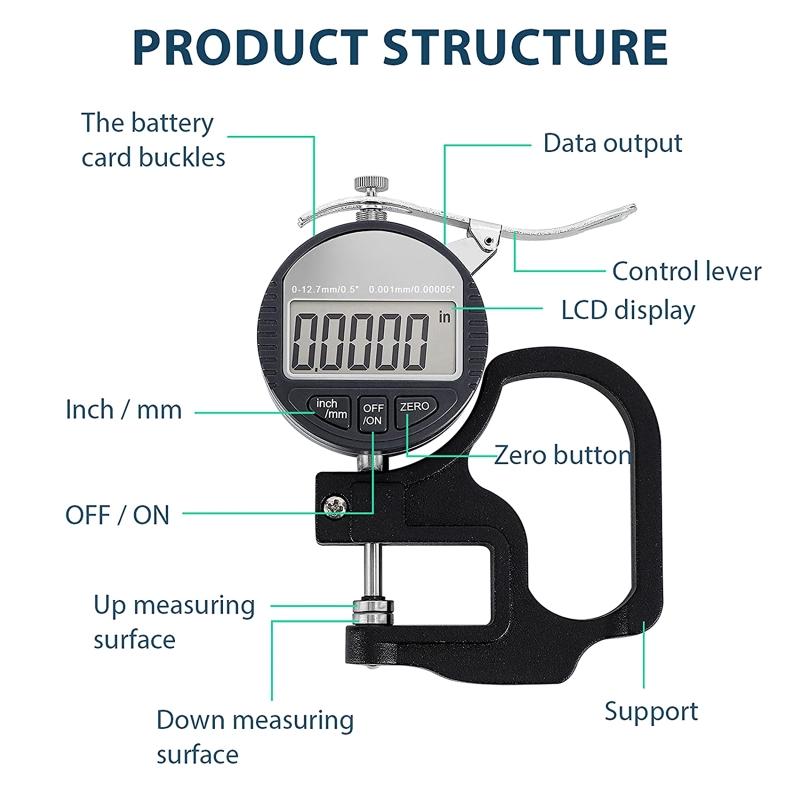 Digital Thickness Gauge 0-12.7mm/0.5" Thickness Gauge with Large LCD Screen Display for Thickness Measurement of Paper