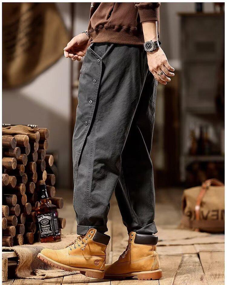 Men's American Retro Wide-Leg Overalls: Spring & Autumn Trendy Button-Down Casual Pants