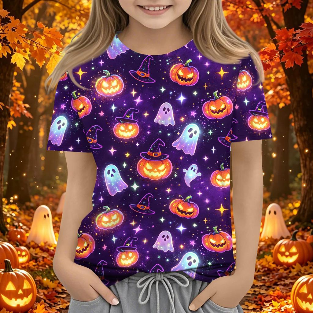 Kids Halloween Printed Short Sleeve T-Shirt - Round Neck Casual Loose Fit Top for Boys Girls