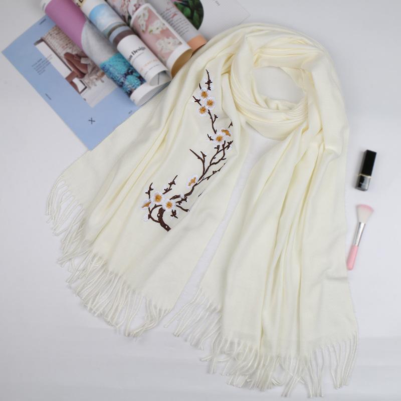 Autumn and winter new plum blossom wool scarf women's versatile tassel fashion flower warm solid color shawl women