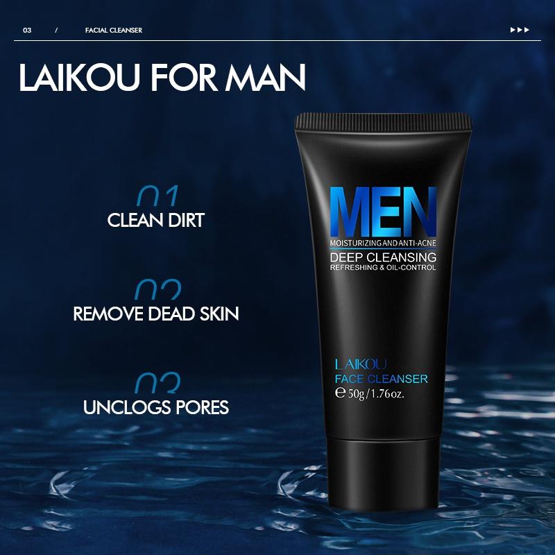 LAIKOU Men Facial Wash Cleanser Oil Control Reduce Acne Clean Pores 50g
