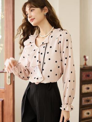 Women's Blouse 2024 New French Style Polka Dot Elegant Vintage Blouse Ruffle Long Sleeve V-neck Office Lady Tops MXC45X1300