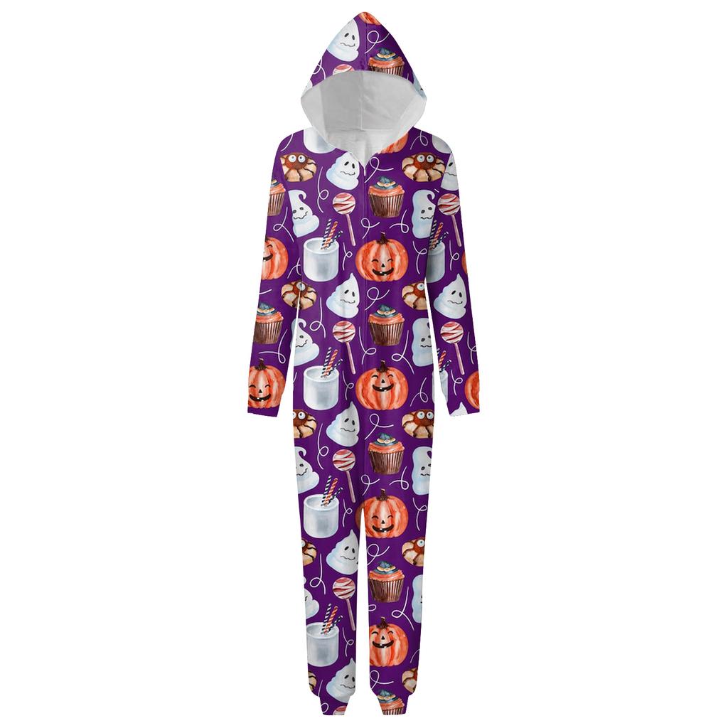 Halloween Printed Family Matching Hooded Long Sleeved Zippered Hooded  Jumpsuit Set
