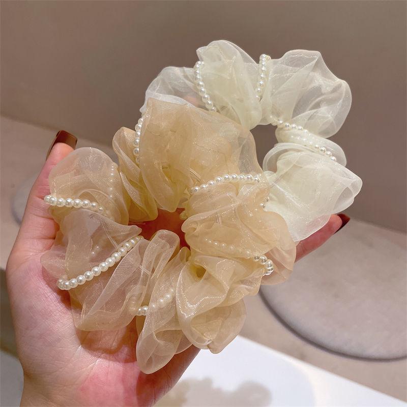 Anel de cabelo de organza com pérolas doces estilo outono - acessório de cabelo de tendência de celebridades