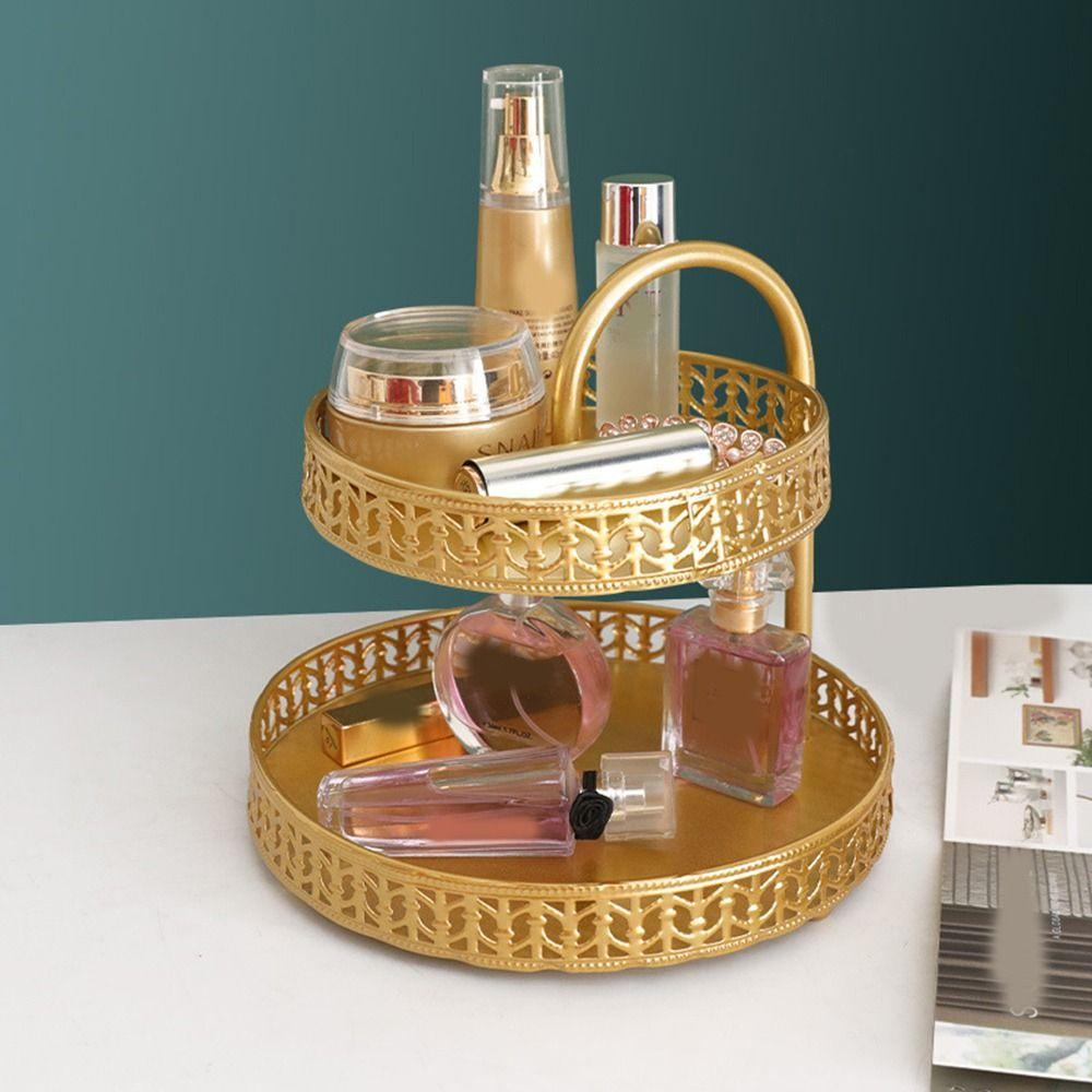 Gold Fruit Serving Tray Hollow Out 2 Tier Fruit Tray Multipurpose Jewelry Dish  Front Desk