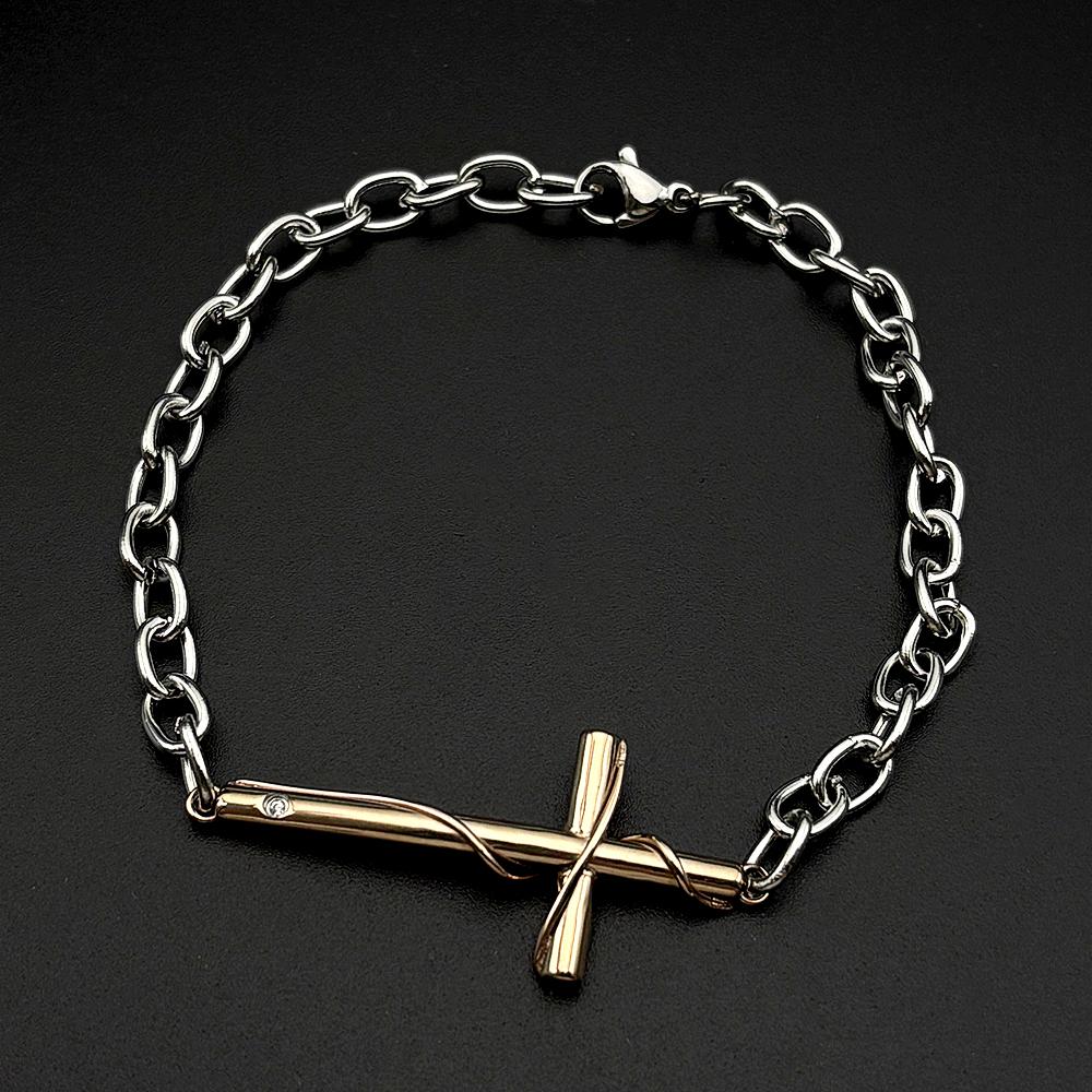 Christliches Ovales Gliederketten Kreuzarmband für Männer Frauen Edelstahl Silber Schwarz Farbe Handkette Religion Amulett Schmuck