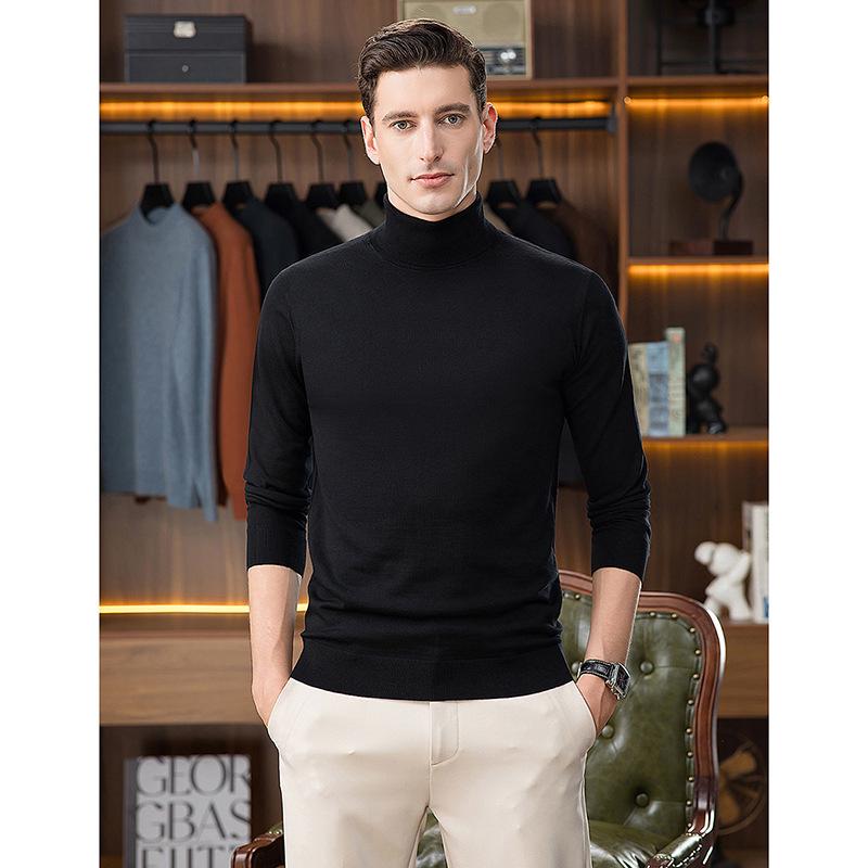 Men's High Neck Wool Sweater - Light Luxury, Solid Color, Brushed Fleece, Autumn/Winter Casual Knit