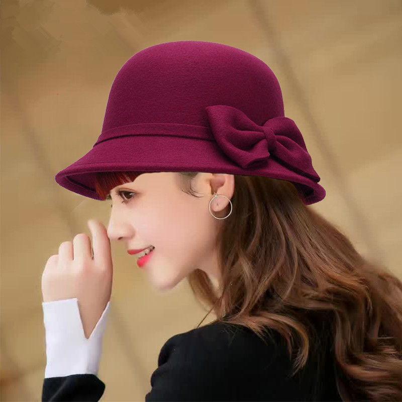 Top Hat Female Autumn and Winter Hipster Retro Wool Dome Bow Celebrity Fashion Outdoor Thermos Hat