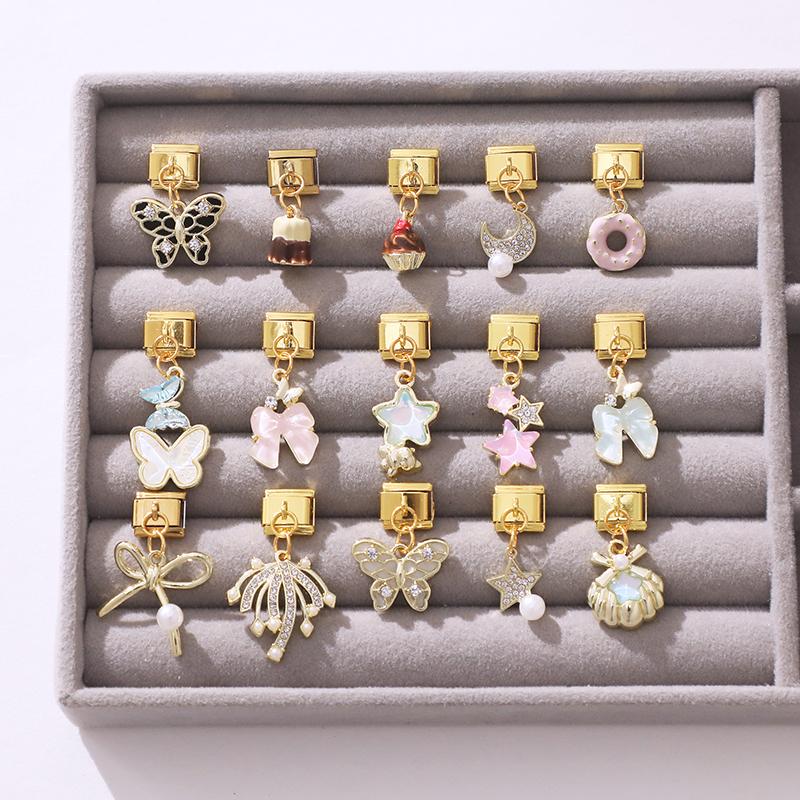 New Y2K Gold Color Butterfly Moon Bow Shell Star Pearl Pendant Italian Charm Link Fit 9mm Stainless Steel Bracelet DIY Making