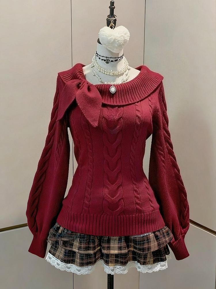 Рождественский вязаный свитер женский с бантом милый японский каваи пуловер Осень и зима Y2k узкий красный джемпер комплекты одежды винтажная одежда L