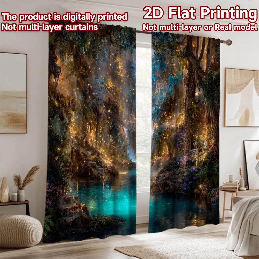 2D flat printing 2pcs Curtains Enchanted Forest Waterfall Dreamy Glow Digital Printed Polyester Drapes Party Decorations Perfect