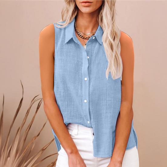 Women Shirt Lapel Sleeveless Button Down Shirt Pure Color Loose Fit