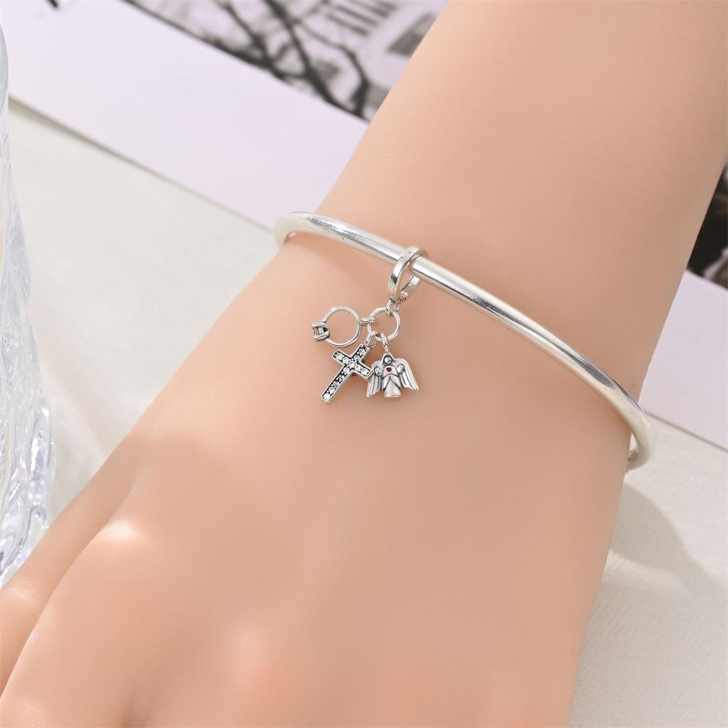 Copper God with Us Angel Cross Ring Guardian Pendant Charm Compatible With Authentic Charm Bracelets Women Do It Yourself Jewellery Gift