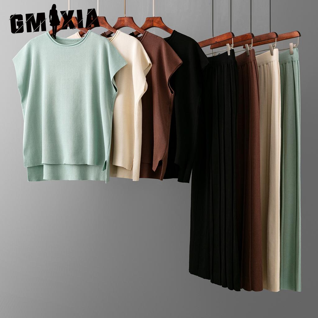 GMXIA Casual Women's Summer Solid-color Sleeveless Vest, Knitted Sweater, Wide-leg Pants, Large-sized Ice Silk Suit