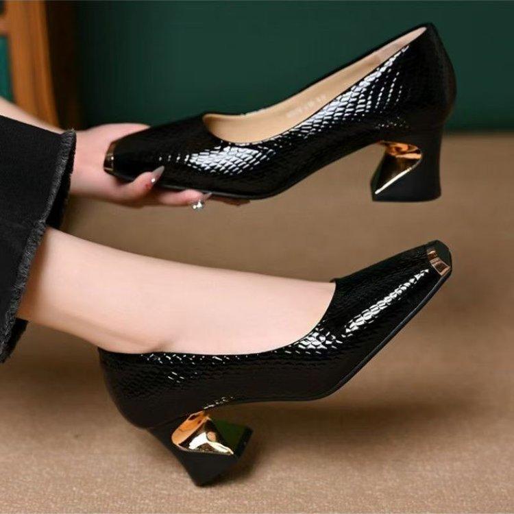 Square Head Temperament Thick Heel Single Shoes Women's Summer 2025 New Shallow Mouth Medium Heel Women's Shoes Versatile Low Heel Small Leather Shoes