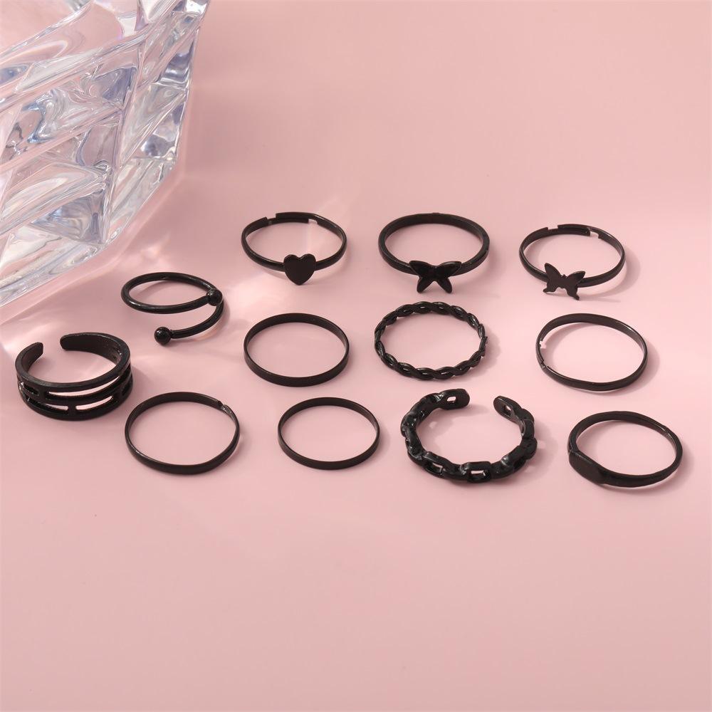 Combination Ring, Personalized Electrophoresis, Black Love Butterfly Chain Opening 12-Piece Set, Ring Jewelry.