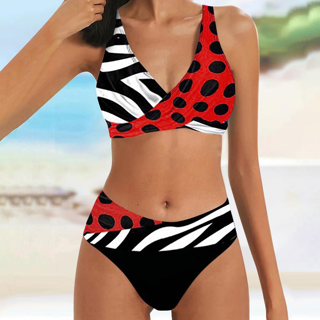Women'S Swimsuits Tummy Control Sexy High Waist Printed V Neck Color Block Beach Bikini Two Piece Swimwear For Teen Girls