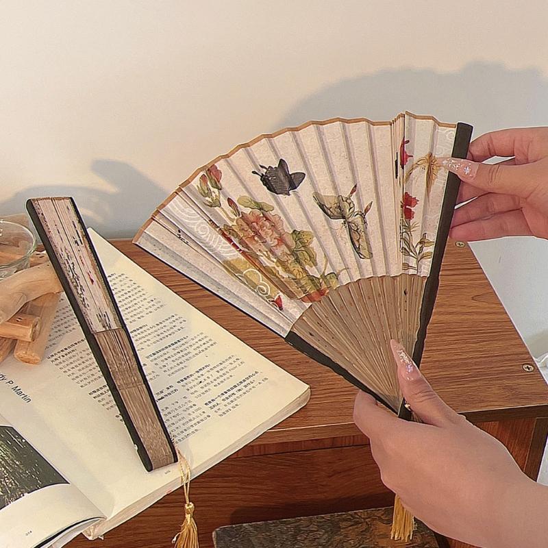 Vintage Chinese Cheongsams Folding Fan with Butterfly Flower Pattern Wood and Cotton Linen Handheld Fan with Tassels
