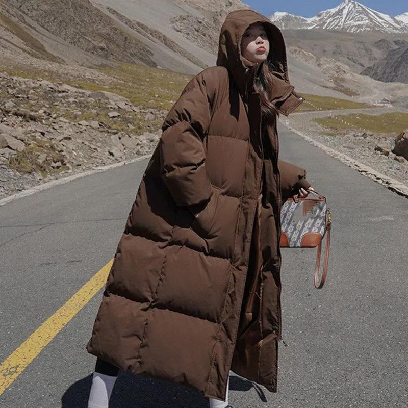 Women's Fall and Winter Long Warm Jacket Hooded Large Size Loose Clip Cotton Jacket Windproof Fluffy Warm Jacket