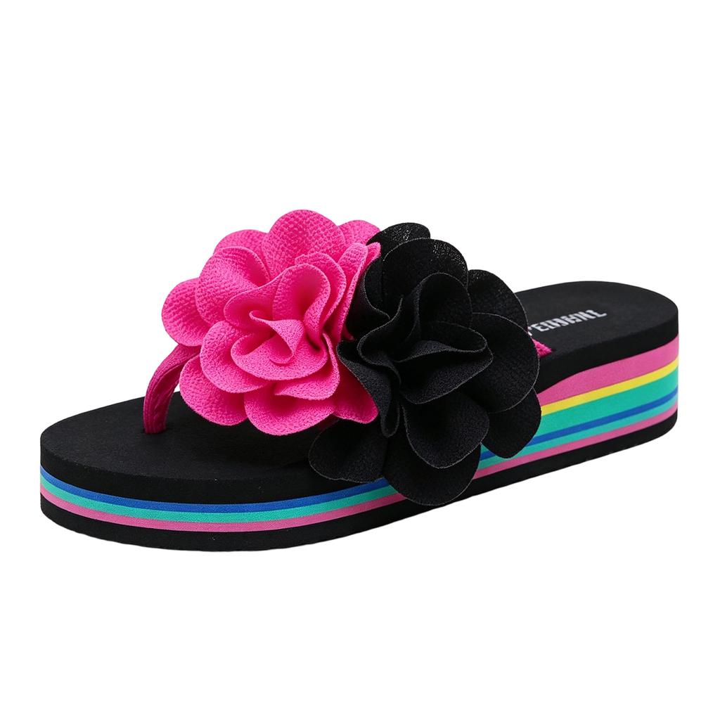 Damen Plateausandalen mit 3D-Blumendesign Dicke Sohle Regenbogenstreifen Lässige Urlaubs-Strandsandalen zum Hineinschlüpfen