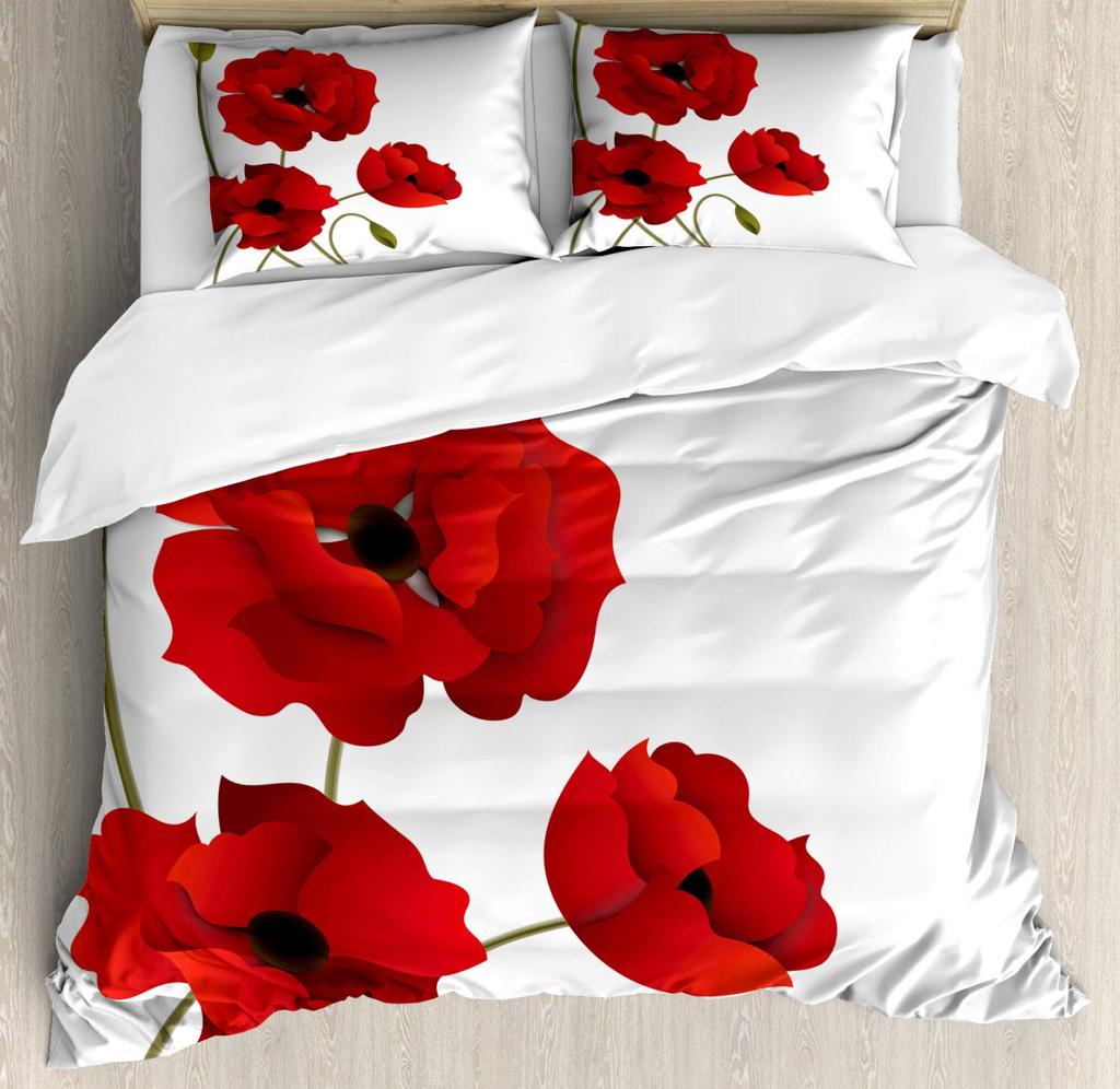 Flower Duvet Cover Set, Little Red Spring Summer Time Garden Florals Poppy Decorative 3 Piece Bedding Set with 2 Pillow Shams