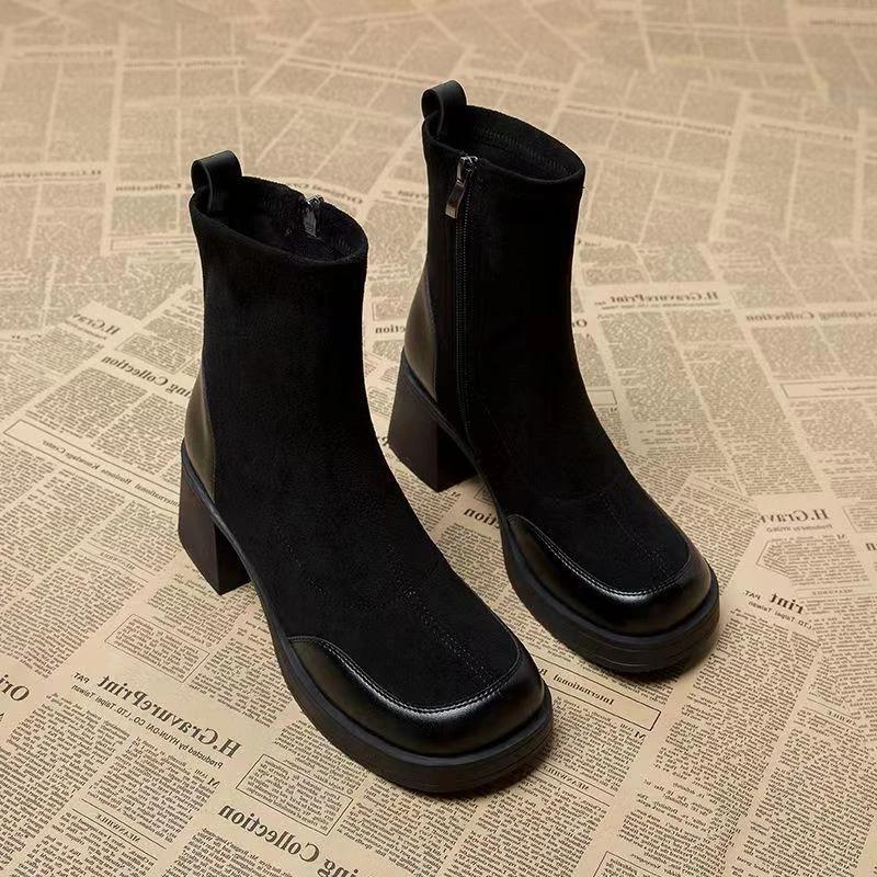 Fashion Black Ankle Boots Women Shoes Autumn Winter Side Zipper Square Heel Short Shoes for Women Boots Round Toe Women's Modern Boots