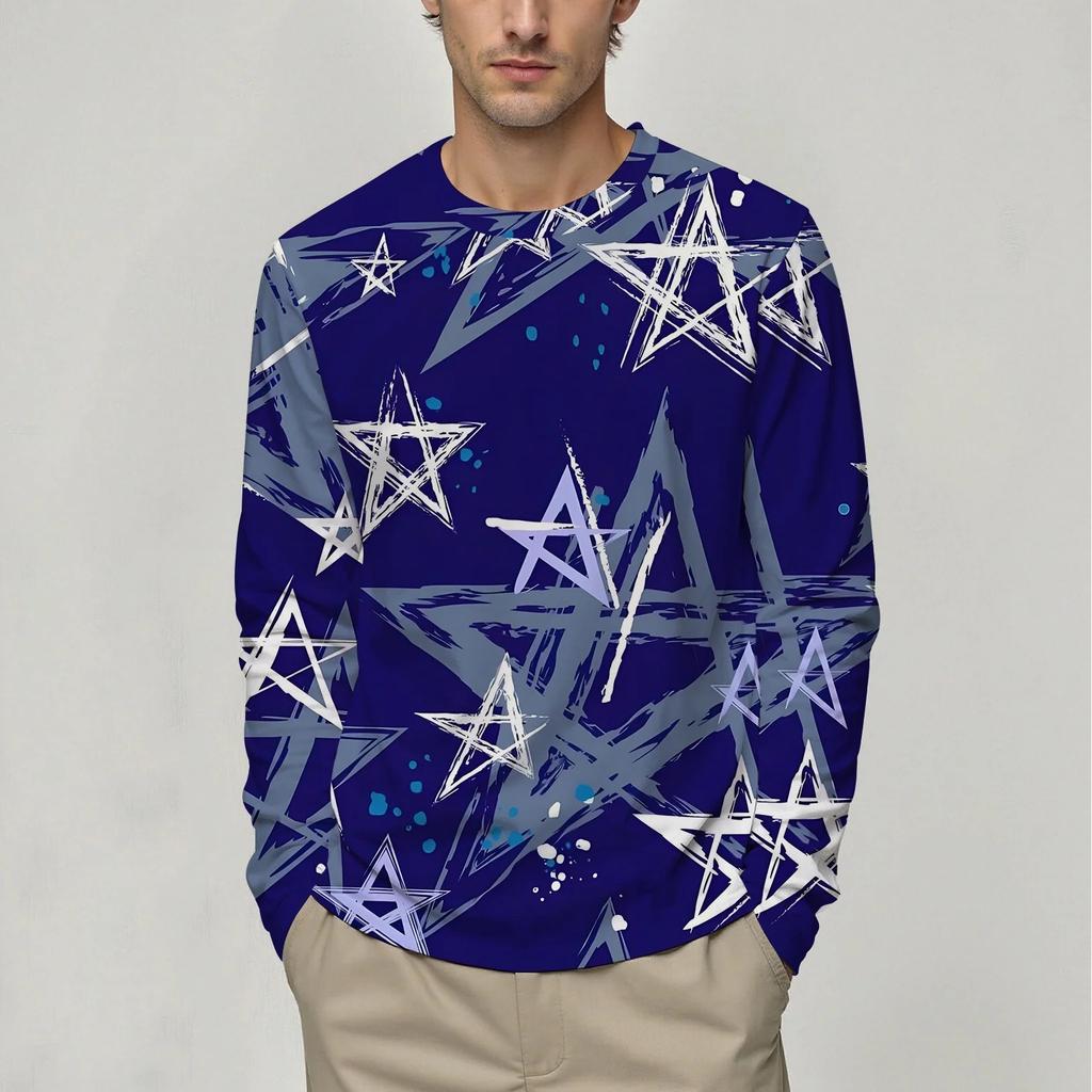 3D 5-Pointed Star Pattern Printed Top Casual Long Sleeved Men's T-shirts - Soft Medium Stretch Polyester Fabric Spring and Autumn Relaxed Fit Clothing