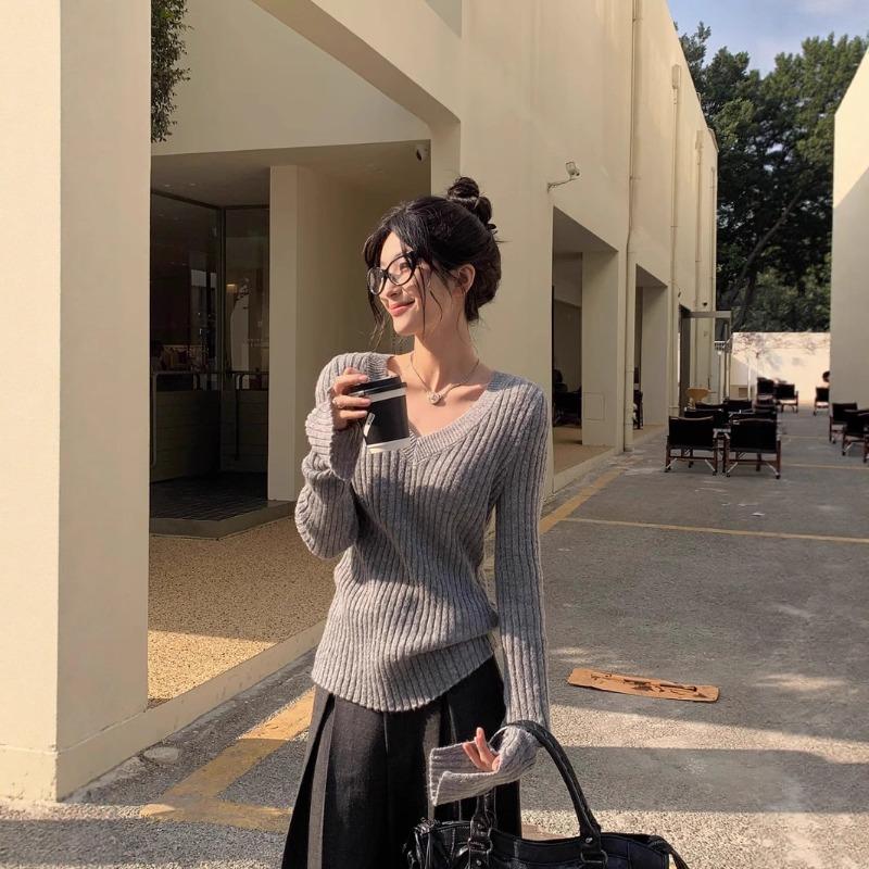 

Осень и зима новый воротник длинный рукав вязаный свитер высококачественный свитер женский внутренний слой тонкий женский топ базовая рубашка L серый