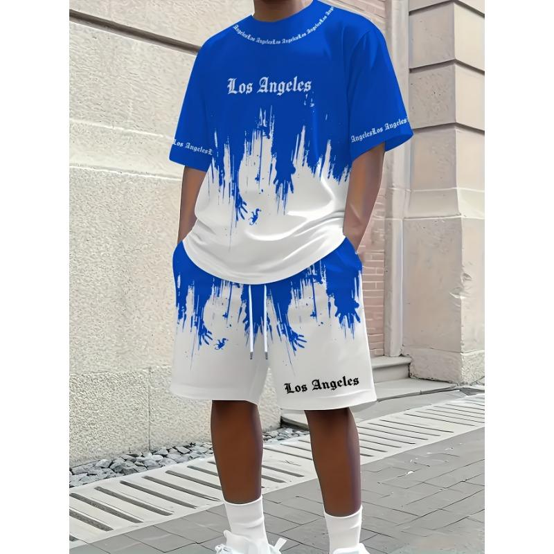 2-piece set of new casual Los Angeles letter print men s short-sleeved + shorts S