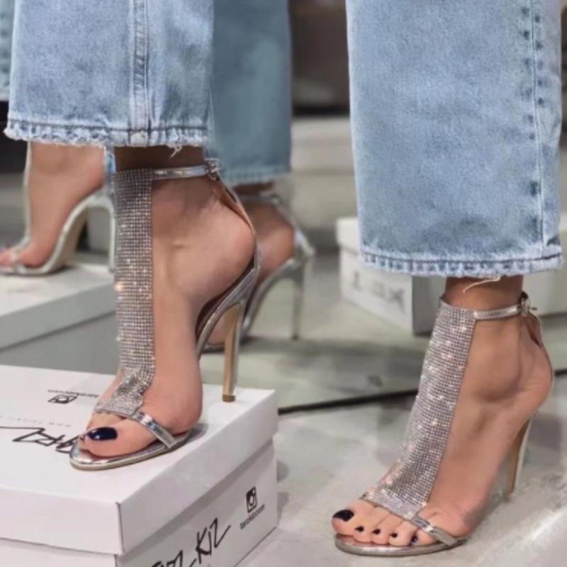 

Женские босоножки 2024 года, модные женские босоножки с пайетками на высоком каблуке, босоножки с открытым носком и пряжкой, сексуальные босоножки на тонком каблуке, женские босоножки 43 серебряный